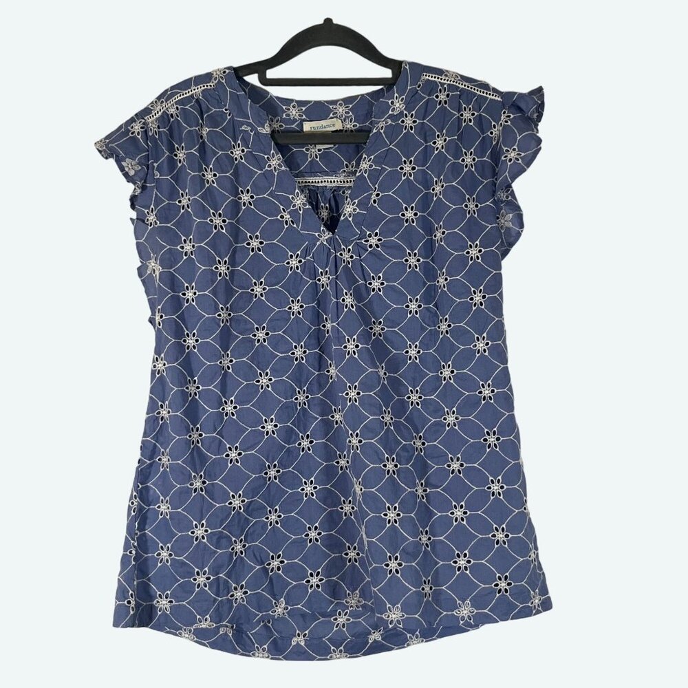 Sundance 100% Cotton Florina Floral Eyelet V-Neck Cap Flutter Sleeve Blouse S